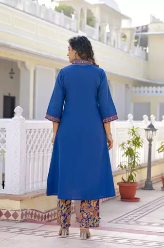Royal blue premium cotton kurta set with handworked embroidered neckline