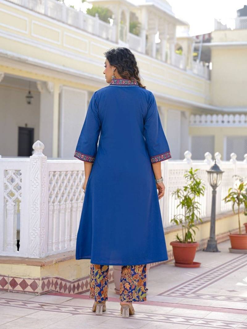 Royal blue premium cotton kurta set with handworked embroidered neckline