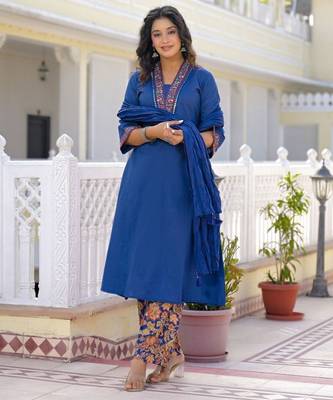 Royal blue premium cotton kurta set with handworked embroidered neckline 3