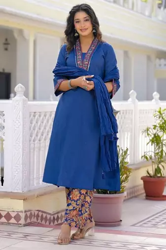 Royal blue premium cotton kurta set with handworked embroidered neckline
