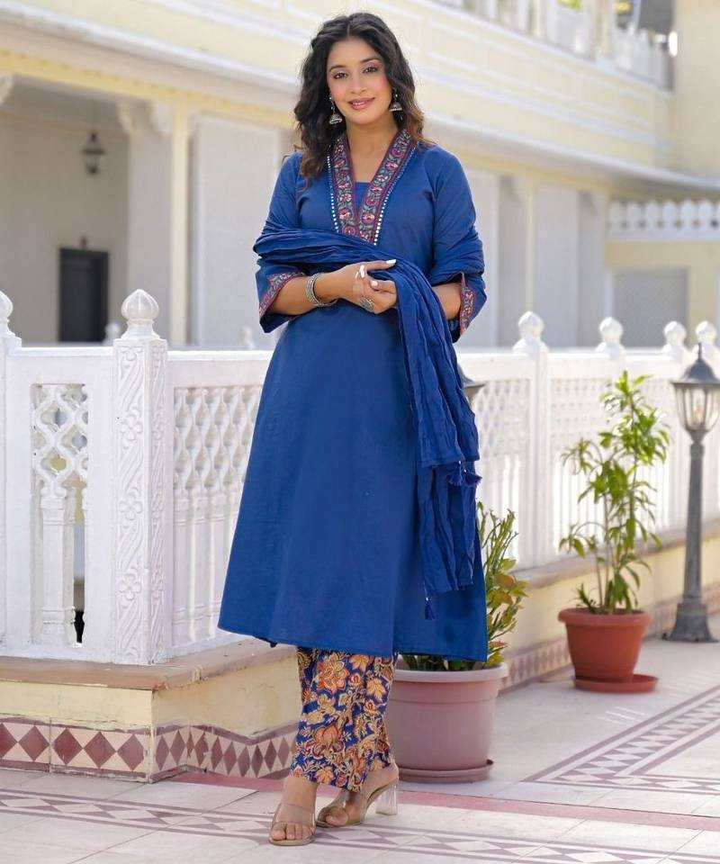 Royal blue premium cotton kurta set with handworked embroidered neckline