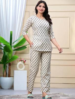 Beige cotton co-ord set with ethnic buta print     casual wear 2