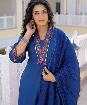 Royal blue premium cotton kurta set with handworked embroidered neckline 4