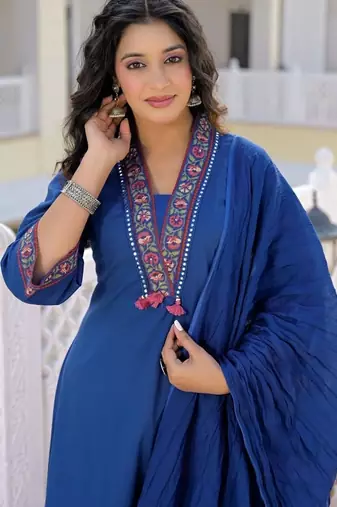 Royal blue premium cotton kurta set with handworked embroidered neckline