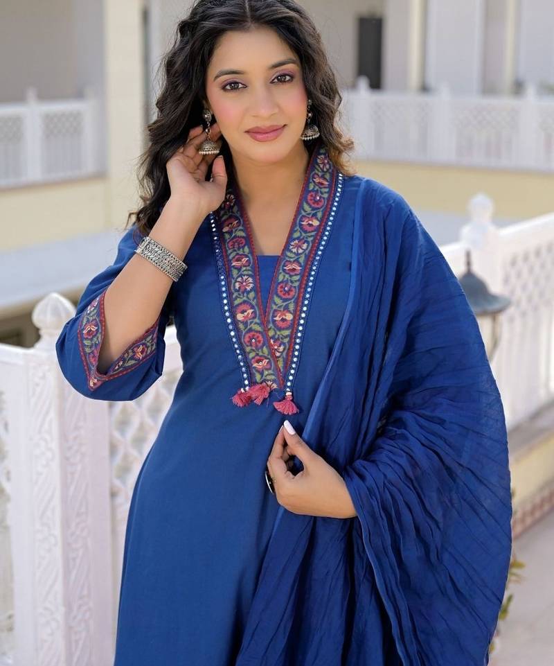 Royal blue premium cotton kurta set with handworked embroidered neckline