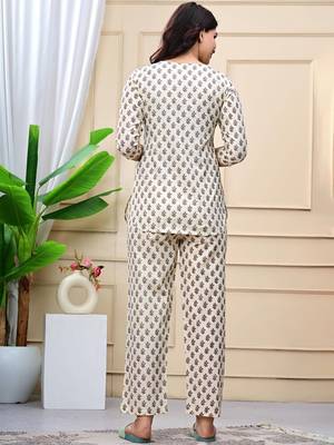 Beige cotton co-ord set with ethnic buta print     casual wear 3