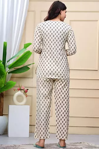 Beige cotton co-ord set with ethnic buta print     casual wear