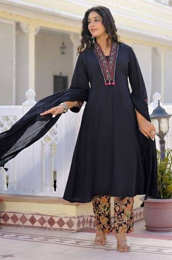 Black premium cotton kurta set with handworked embroidered neckline
