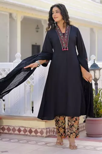 Black premium cotton kurta set with handworked embroidered neckline