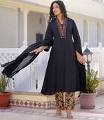 Black premium cotton kurta set with handworked embroidered neckline