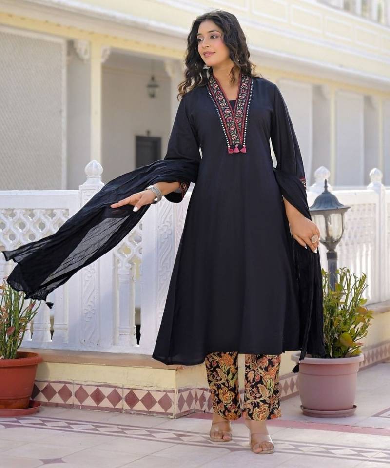 Black premium cotton kurta set with handworked embroidered neckline