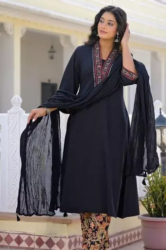 Black premium cotton kurta set with handworked embroidered neckline