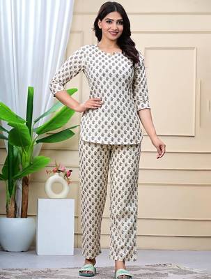 Beige cotton co-ord set with ethnic buta print     casual wear 5