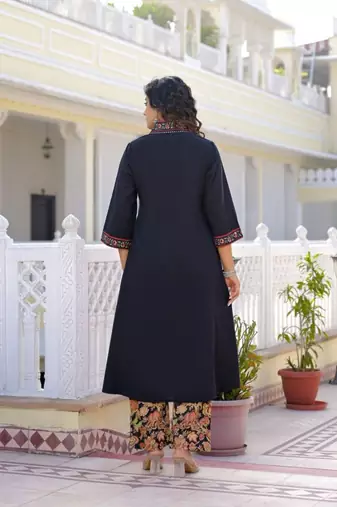 Black premium cotton kurta set with handworked embroidered neckline