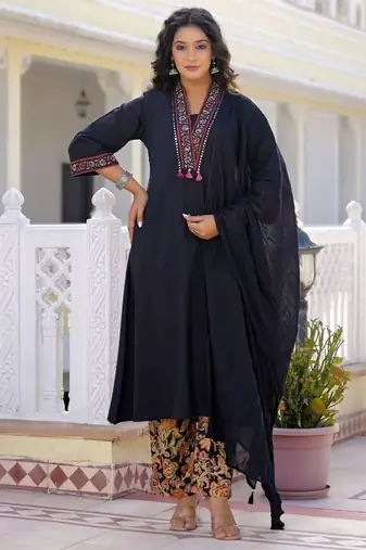 Black premium cotton kurta set with handworked embroidered neckline