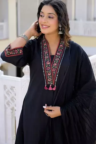 Black premium cotton kurta set with handworked embroidered neckline