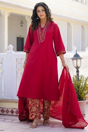 Deep red premium cotton kurta set with handworked embroidered neckline