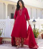 Deep red premium cotton kurta set with handworked embroidered neckline
