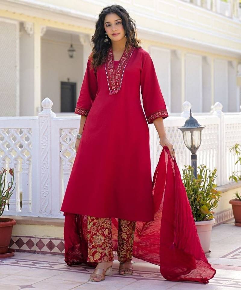Deep red premium cotton kurta set with handworked embroidered neckline