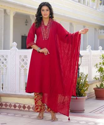 Deep red premium cotton kurta set with handworked embroidered neckline 2