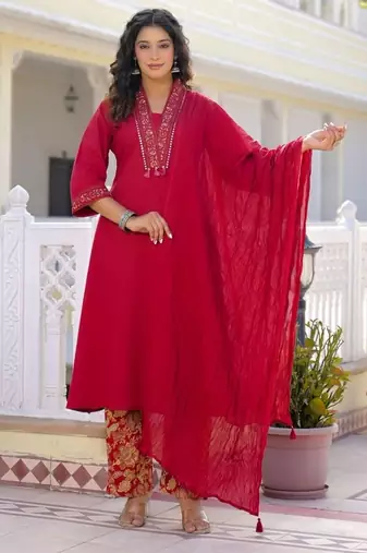 Deep red premium cotton kurta set with handworked embroidered neckline