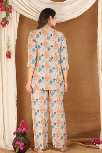 Pastel blue cotton co-ord set with floral print     casual wear