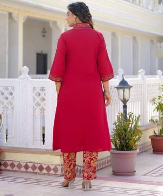 Deep red premium cotton kurta set with handworked embroidered neckline 3