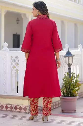 Deep red premium cotton kurta set with handworked embroidered neckline