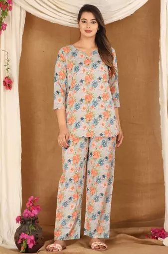 Pastel blue cotton co-ord set with floral print     casual wear