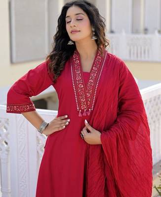 Deep red premium cotton kurta set with handworked embroidered neckline 4