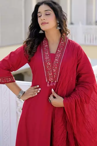 Deep red premium cotton kurta set with handworked embroidered neckline