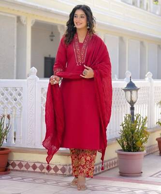 Deep red premium cotton kurta set with handworked embroidered neckline 5