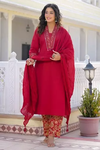 Deep red premium cotton kurta set with handworked embroidered neckline