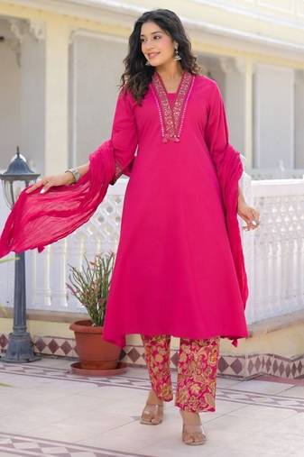 Rani pink premium cotton kurta set with handworked embroidered neckline