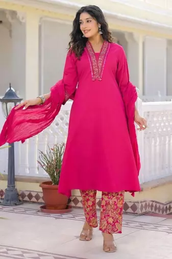 Rani pink premium cotton kurta set with handworked embroidered neckline