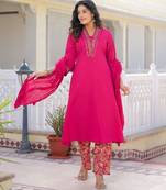 Rani pink premium cotton kurta set with handworked embroidered neckline