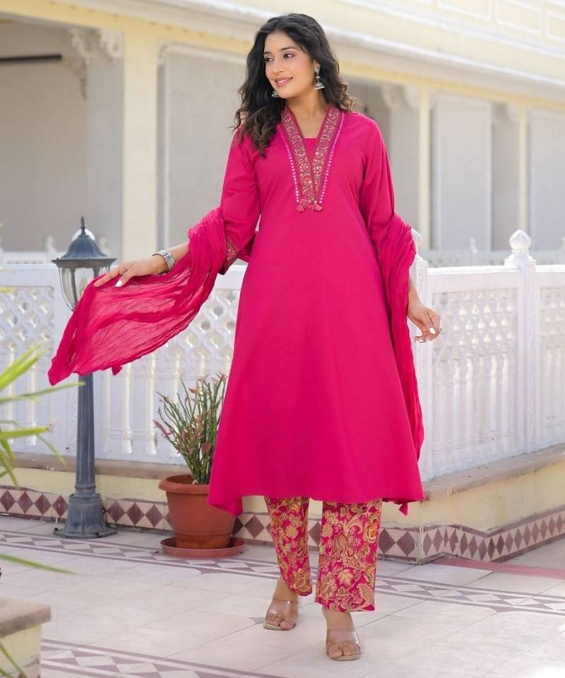 Rani pink premium cotton kurta set with handworked embroidered neckline