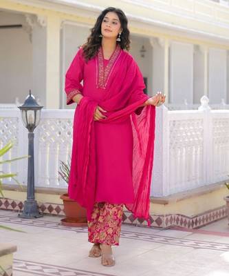 Rani pink premium cotton kurta set with handworked embroidered neckline 2