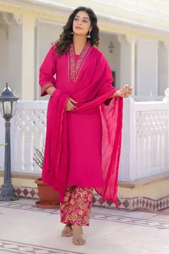 Rani pink premium cotton kurta set with handworked embroidered neckline