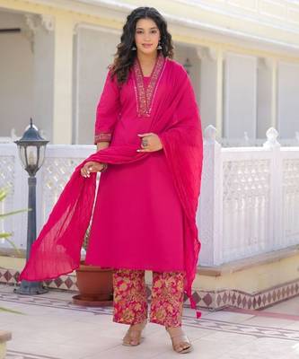 Rani pink premium cotton kurta set with handworked embroidered neckline 3