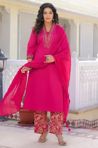 Rani pink premium cotton kurta set with handworked embroidered neckline