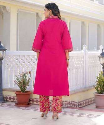 Rani pink premium cotton kurta set with handworked embroidered neckline 4