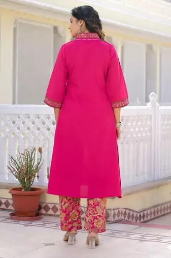 Rani pink premium cotton kurta set with handworked embroidered neckline