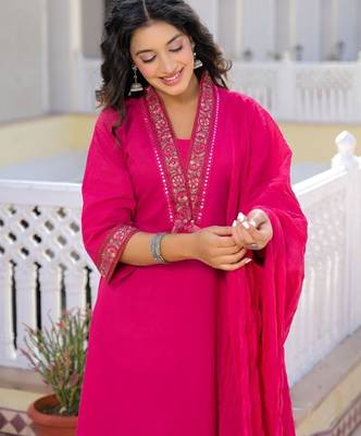 Rani pink premium cotton kurta set with handworked embroidered neckline 5
