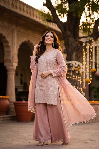 Premium chinon silk sharara suit with heavy beads work & chinon dupatta