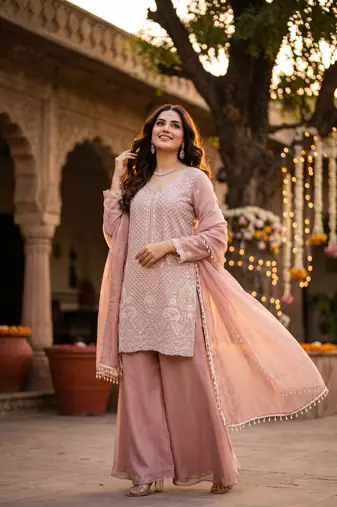 Premium chinon silk sharara suit with heavy beads work & chinon dupatta