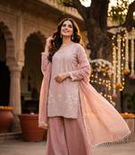 Premium chinon silk sharara suit with heavy beads work & chinon dupatta