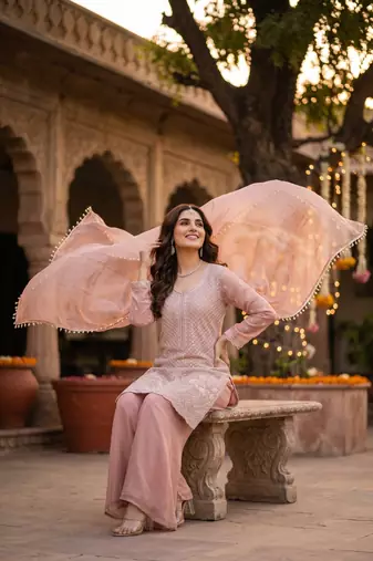 Premium chinon silk sharara suit with heavy beads work & chinon dupatta