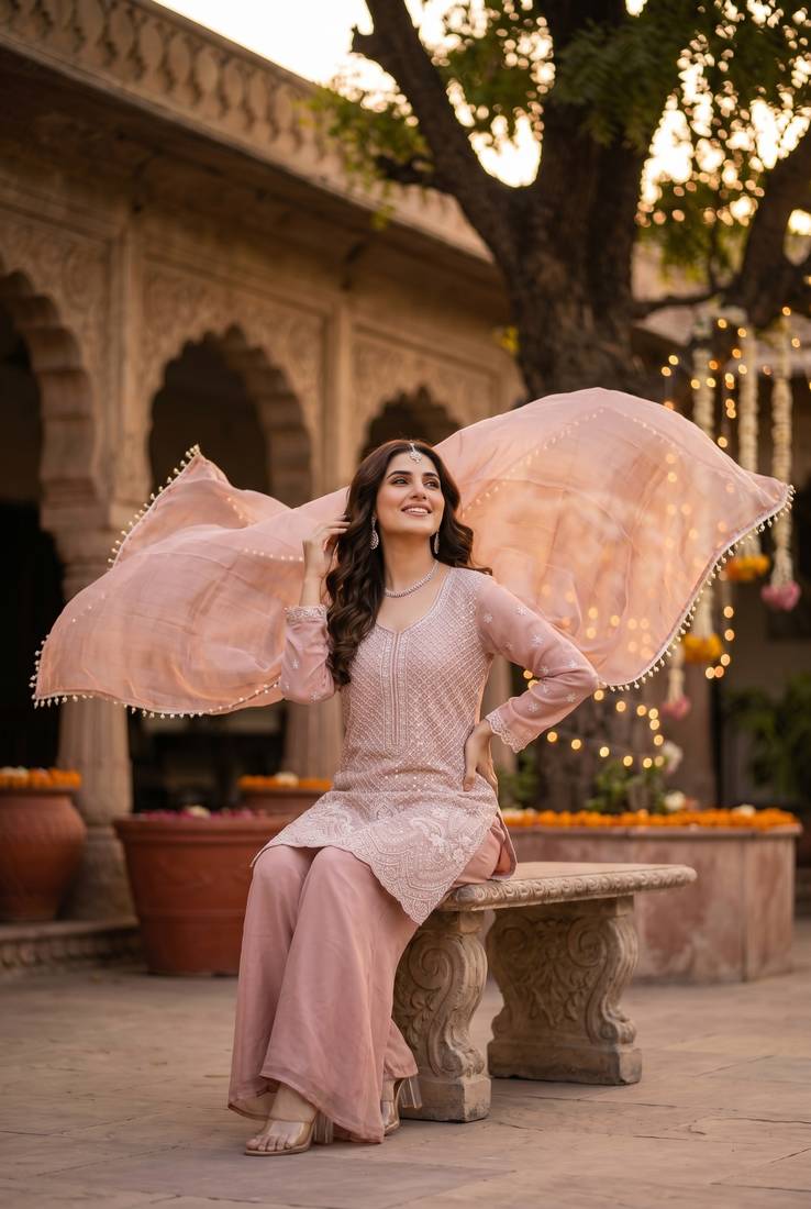 Premium chinon silk sharara suit with heavy beads work & chinon dupatta