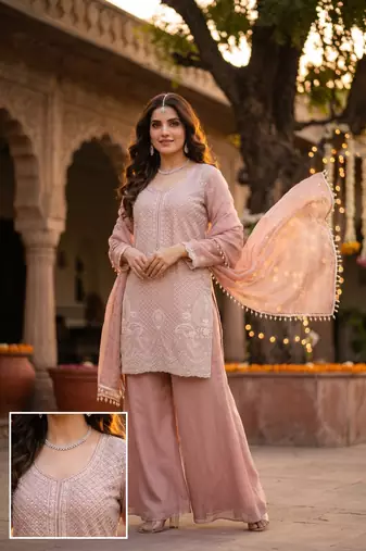 Premium chinon silk sharara suit with heavy beads work & chinon dupatta